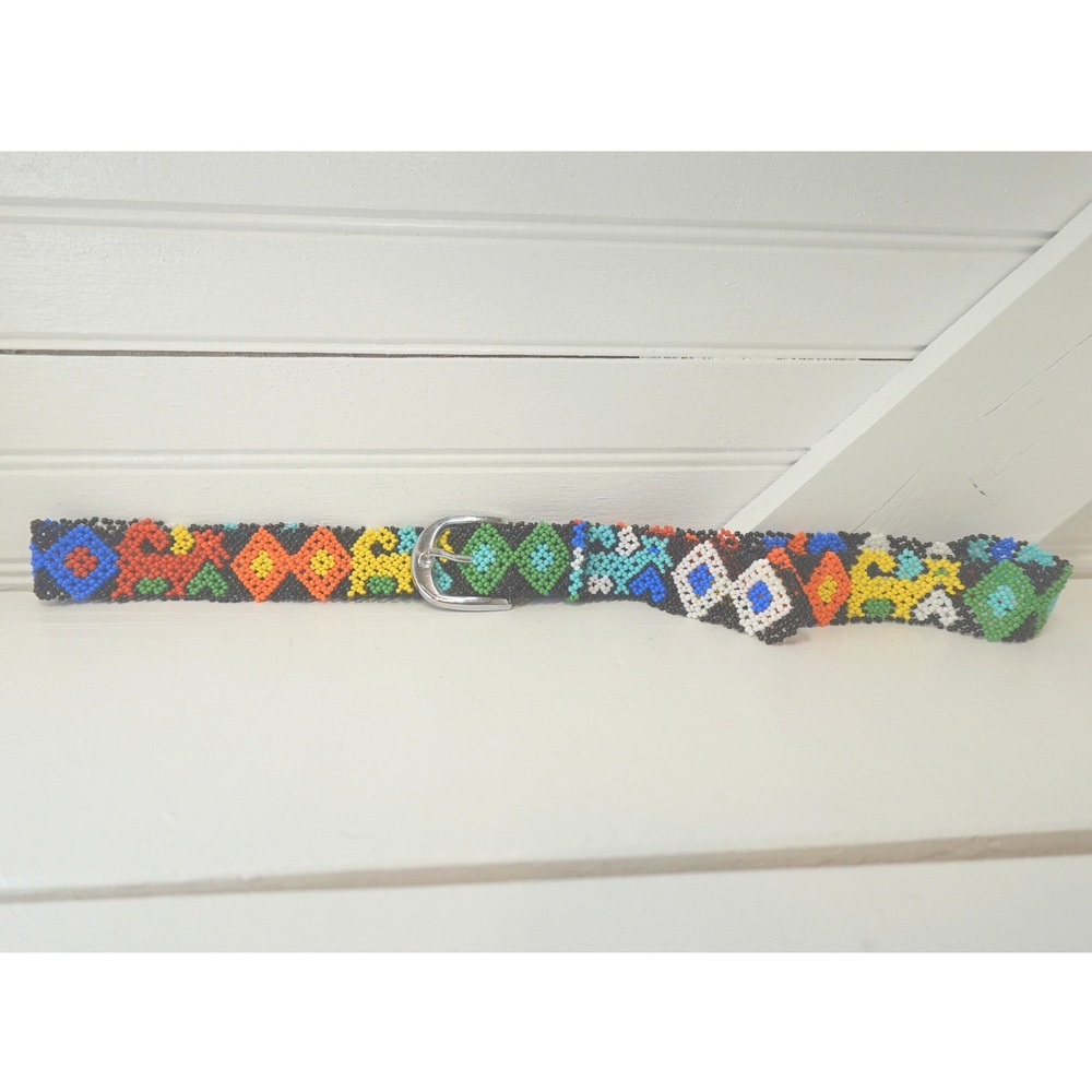 Vintage Beaded Belt Women's Medium 70s Native Seed Bead Colorful Animal Themed